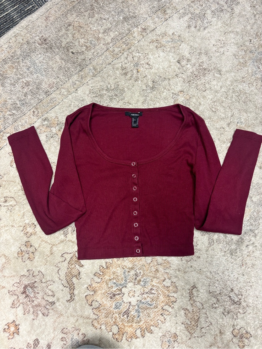 Forever 21 Wine Button-Front Long Sleeve Crop Top